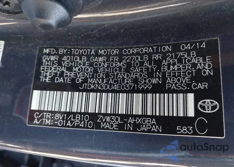 2014 Toyota Prius Four z USA, uszkodzony, nr VIN JTDKN3DU4E0371999